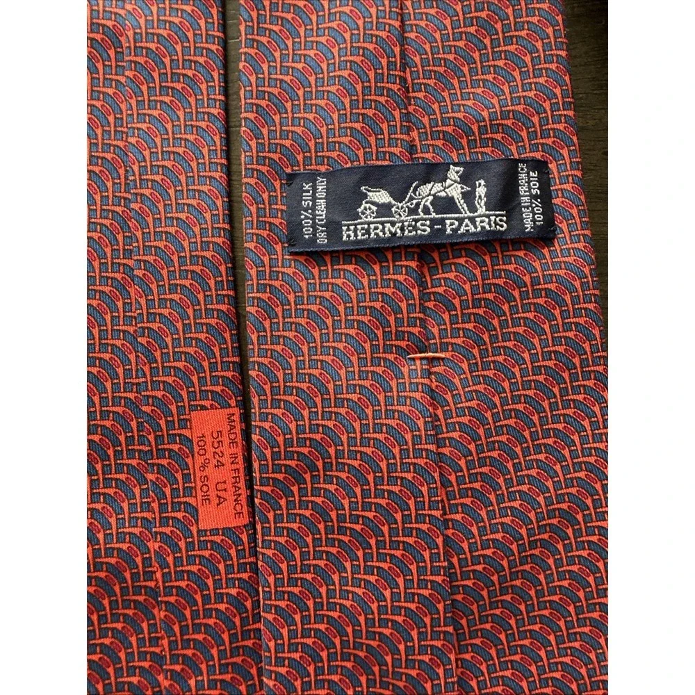 Hermès Blue Orange Geometric 100% Silk Men's Designer Woven Tie Logo Accent